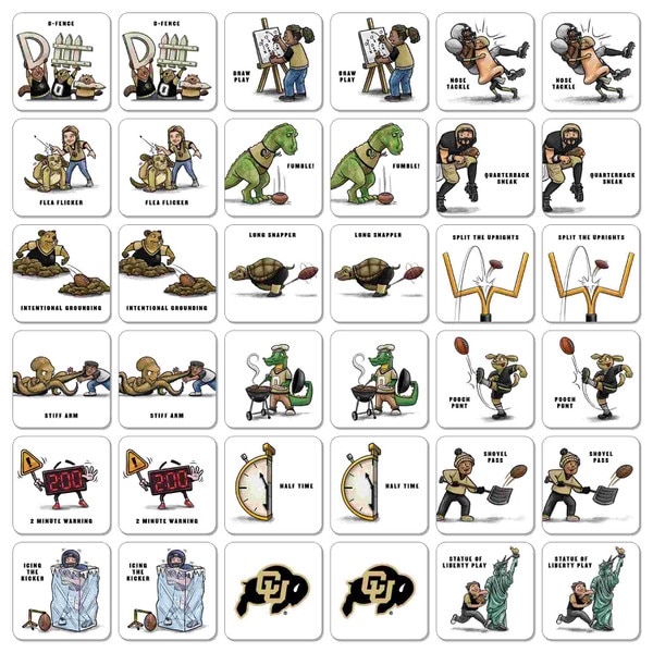 Colorado Buffaloes memory game cards laid out showing football-themed illustrations like “Quarterback Sneak,” “Flea Flicker,” and CU Buffaloes logos.